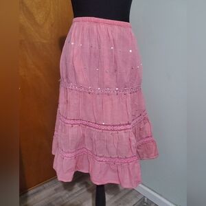 Copper Key Pink Tiered Boho Skirt Lace Trim Mirror Sequin Cotton Peasant Large